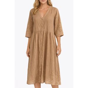 100 % Linen Jade by Johnny Was Golden Brown Eyelet Dress-SZ Medium